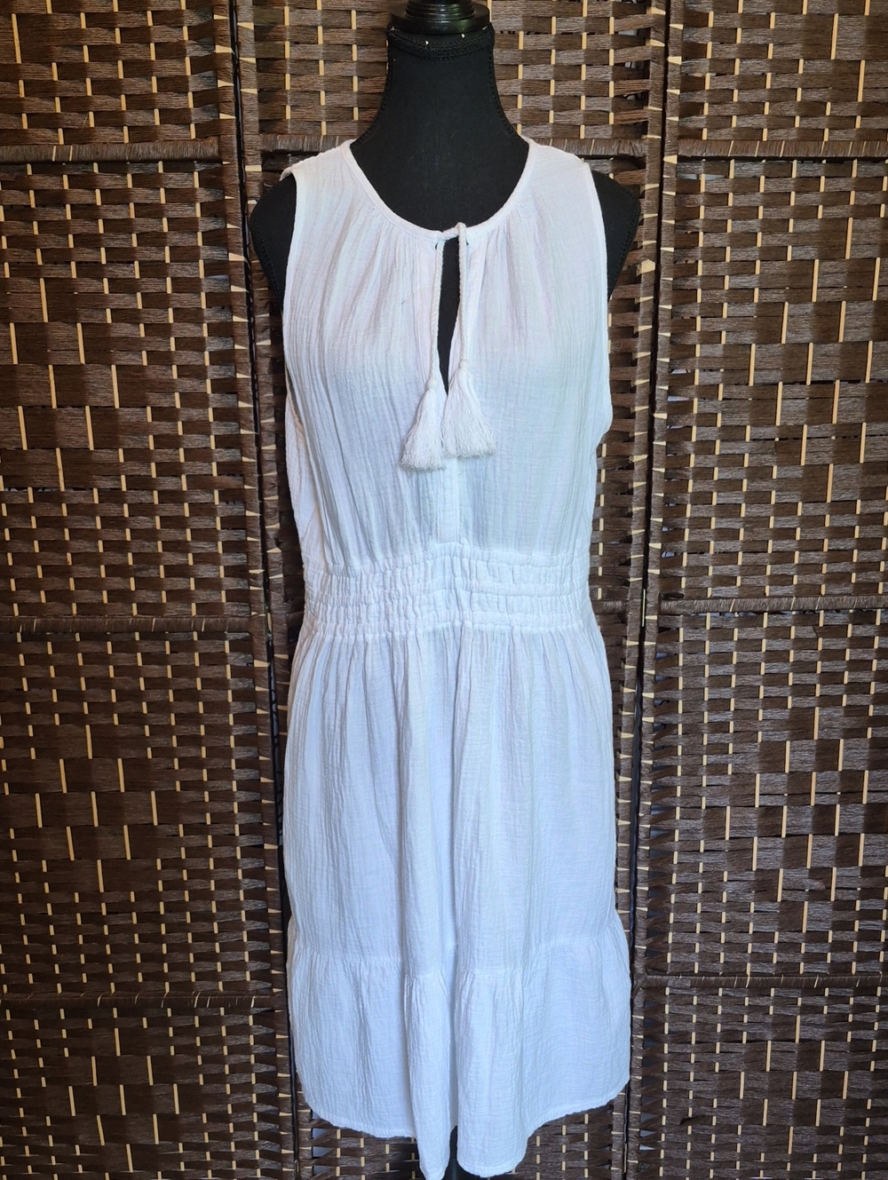 bobi White Sleeveless Midi Dress with Tassel Tie